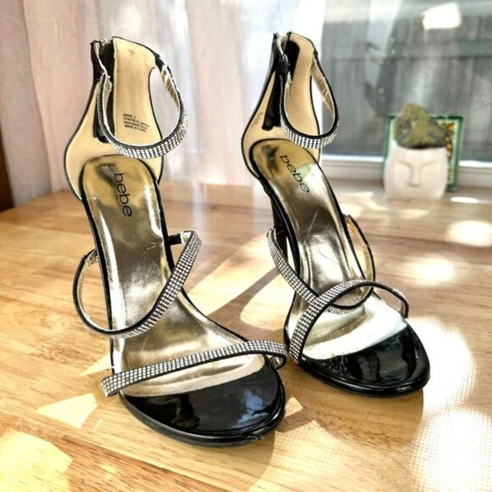 Bebe Black Women's High Heel Janae Strappy Pump w/ Rhinestones Size 8